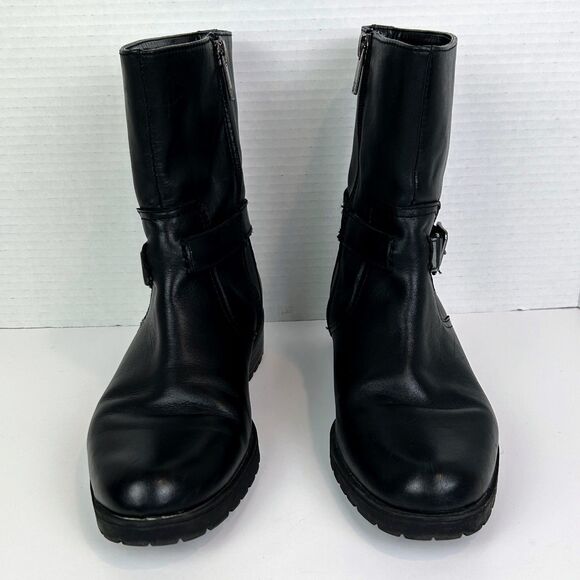 Anne Klein Crayton Moto Biker Leather Boots Black Mid Calf Buckle Classic Shoe 8 - Picture 3 of 13